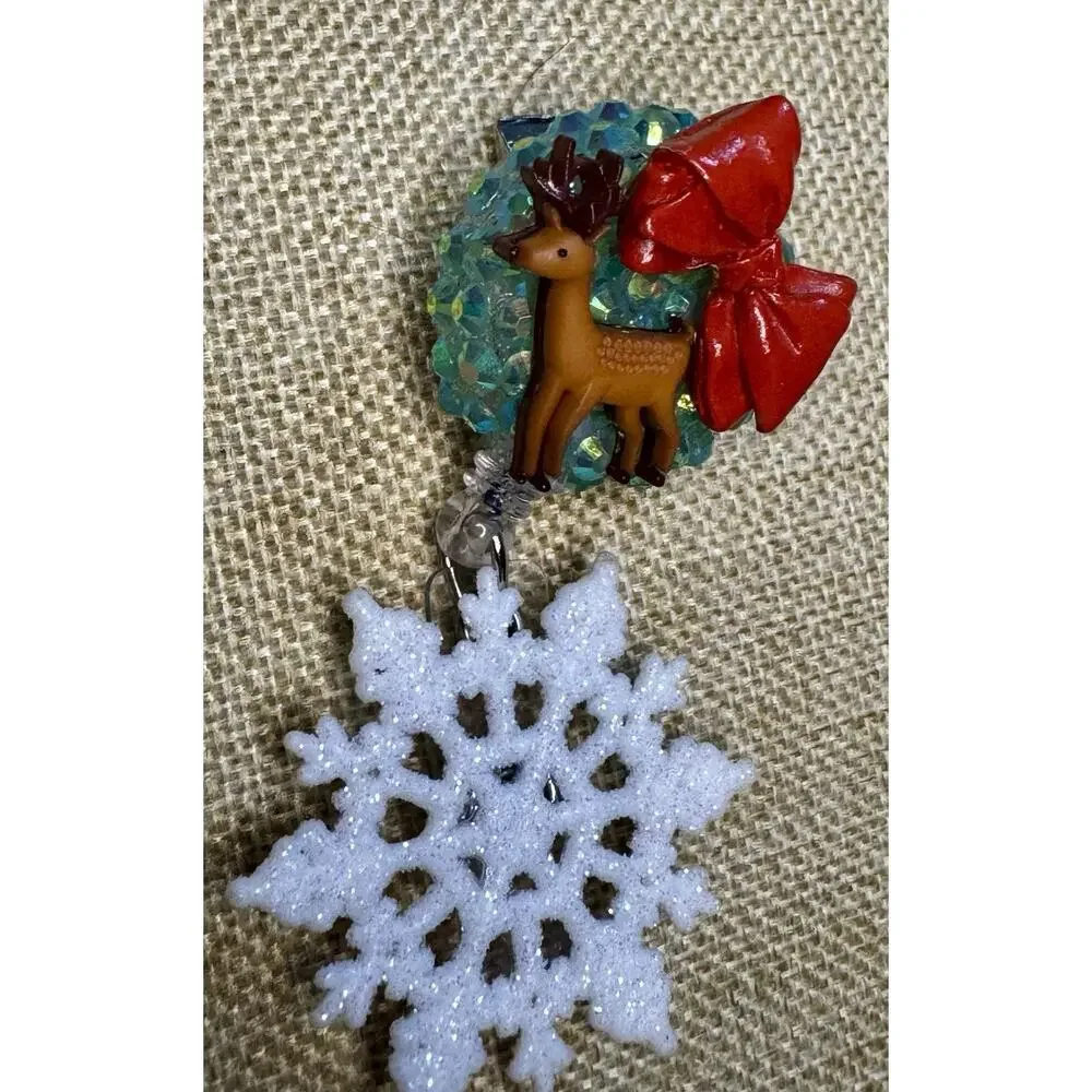 Christmas Deer and Bow Retractable Badge Reel ID Badge Holder Handmade